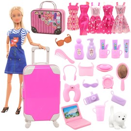 BARWA 32 Pcs Doll Suitcase Luggage Travel Clothes and Accessories for 11.5 inch Girl Doll Travel Carrier Storage, Including 1 Luggage 1 Suitcase 23 Travel toiletries 5 Dresses 1 Puppy 1 Computer…