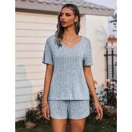 Ekouaer Loungewear Womens Soft Two Piece Knit Lounge Set Sleepwear Plus Size Ribbed Pjs Knit Short Sleeve Sleep Set Black XX-Large