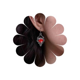 Inateannal Vintage Ruby Earrings Red Crystal Filigree Earrings Square Ruby Hook Earrings Red Gemstone Drop Earrings Silver Tribal Filigree Earrings Jewellery for Women and Girls, Zinc, No Gemstone