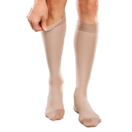 Ease Opaque Silicone Support Band Knee Highs - 30-40mmHg Firm Compression Stockings (Sand, Small Long)