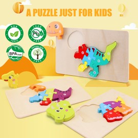 Wooden Dinosaur Puzzles for Toddlers 2-4, 3-Pack Montessori Toys for 3 Year Old, Montessori Toys for 3 Year Old, Toddler Learning Toys for Ages 2-4, Ideal Gifts for Boys and Girls 2 3 4 5