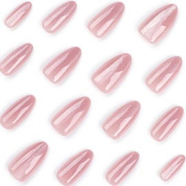 Cat' Eyes Press On Nails, Glue on Nails Stick on Nails Fake Nails, Short Square Almond Ballet Shape, False Nails on 24PCS (Pink Almond)