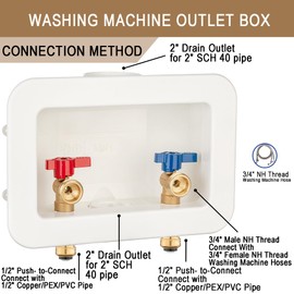 [1 Piece] Lingmfg Washing Machine Outlet Box 1/2 inch Push- to-Connect with 2 inch Central Drain, Connect 3/4 inch Washing Machine Hoses LING -WMOB-WO-WHA-5