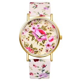 Oidea Bohemian Elastic Band Watches for Women: Big Dial Number Easy Reader Watch Floral Printed Leather Bracelet Watch Analog Quartz Stretch Band Ladies Wristwatches