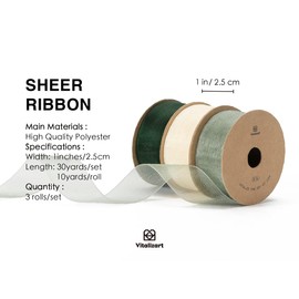 Vitalizart Cream White & Green Organza Ribbon, 1'' x 30YD (3 Rolls*10YD), Sheer Ribbon for Crafting, Wide Fabric Ribbon, Ribbon for Gift Wrapping, Christmas Tree, Crafting, Bows, Wedding Invitations