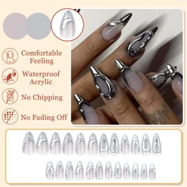 24Pcs Press on Nails Almond Shaped, 3D Handmade Silver French False Nails Medium Length, Stiletto Reusable Glossy Gel Full Cover Acrylic Stick on Nails for Women and Girls Daily Wear