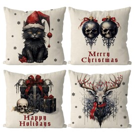 Tian Zhun Christmas Pillow Covers 18x18 Inch Set of 4 Spooky Gothic Cat Throw Pillow Covers Xmas Winter Decorative Cushion Covers Case Home Sofa Living Room Farmhouse Decor