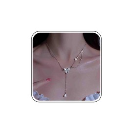 Dainty Crystal Butterfly Pendant Necklace Silver Y Shaped Necklace Rhinestone Butterfly Y Drop Chain Necklace Cz Teardrop Y Necklace Choker Thin Simple Lariat Necklace Women Wedding Bridesmaid Jewelry