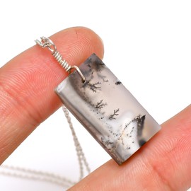 GEMKORA Real Dendrite-Opal Raw Crystal Pendant Necklace, Natural Gemstone, Flat Bars, Rough Crystal, Healing Stone, Gift for Women Jewellery Length 18 inch