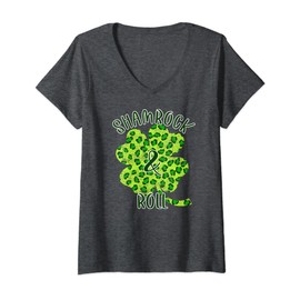 Womens Shamrock & Roll Green Leopard Print Clover Vintage V-Neck T-Shirt