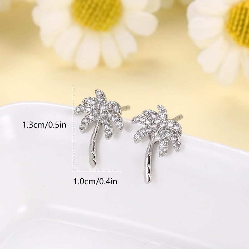 Crystal Palm Tree Stud Earrings for Women Silver Plated Delicate