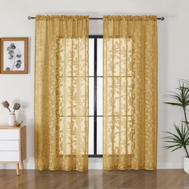 OVZME Sheer Curtains for Living Room Jacquard Clip Leaf Pattern Textured Light Filtering Semi Sheer Curtains for Bedroom 42 x 72 Inch Gold
