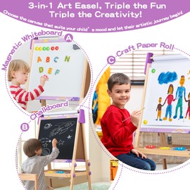 3-in-1 Adjustable Kids Art Easel Set, Height Adjustable Magnetic Whiteboard & Chalkboard with Painting Paper Roll, Wooden Dual-Sided Art Station for Toddlers & Children Ages 3+, Art Supplies Included