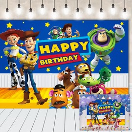 Story Birthday Photography Backdrop, 5x3FT Happy Birthday Party Backdrop Toy Banner Decorations Cartoon Theme Party Photo Booth Banner for Kid Party Supplies Photography Background Wedding Photo Props