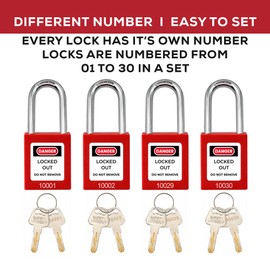 TAEGIQI Lockout Tagout Locks Set, Keyed Different 2 Keys Per Lock, OSHA Compliant Safety Padlocks, Red, 30 Pcs Safety Padlocks with Lock Out Tag Out Tags for Loto Kit Stations and Devices, G01Tags