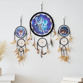 Remorelt Wolf Eagle Bear Dream Catcher Bedroom Wall Decor, Christmas Home Decoration, Room Accessory, White Moon Feather Decoration - Unique Home Craft Wall Pendant (DC03 13inch Set 3 Wolves)
