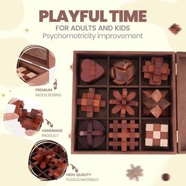 Wooden Brain Teaser Puzzles for Adults - Brain Teaser Puzzles with Wooden Box 3D Puzzle Game Toys for Adults Teens - Unlock Interlocking Puzzle Adult 