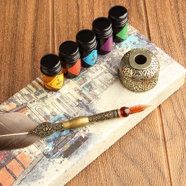 GC QUILL Feather Glass Dip Pen and Ink Set, Glass Calligraphy Pen with 5 Colors Ink and Pen Holder for Writing Drawing– MU-21