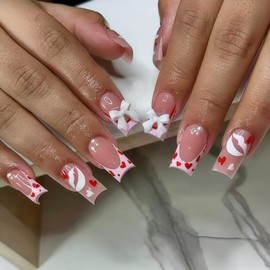 Rchovsam Valentine's Day Press on Nails Medium Square Nails Press Ons Love French Designs False Nails Full Cover Glossy Artificial Fake Nails Valentine's Day Gift for Women 24pcs