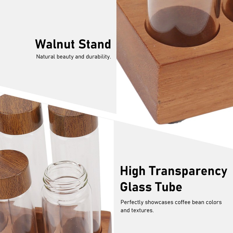 Coffee Bean Storage Tubes with Walnut Wood Stand Lid Glass