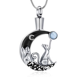 Hearbeingt Cremation Jewelry for Ashes Keepsake Urn Necklace for Human Pet Ashes Pendant, Moon Cat Memorial Jewelry for Men Women(Silver Cat)