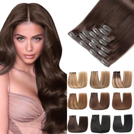 EINbeauty Clip-In Real Hair Extensions, 7 Pieces, 120 g, 40 cm, Straight, Invisible Real Hair Extensions, Dark Brown Extensions, Clip-In Hair Extensions (16 Inches, 2#)