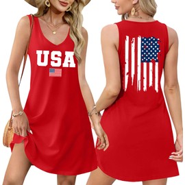 4th of July Dress for Women: American Flag Tank Dresses Star Striped Splicing Loose V Neck Sundresses Red