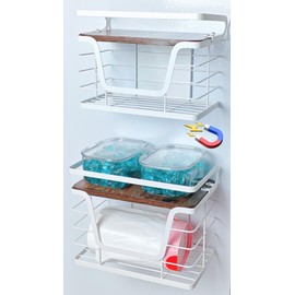 2 Pack Magnetic Trash Bag Holder -Wood Top with Metal Edge(Anti-Fall), Magnetic&Adhesive Mounted Trash Bag Dispenser, Extra Large Garbage Bags Dispenser for Fridge, Washer, Under Sink, Pantry, White