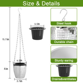 Disco Ball Planter,Disco Plant Hanger,Disco Ball Vase,Disco Hanging Planter,Silver Mirror Disco Hanging Plant Pot with Chain,Retro Disco Ball Decor for Indoor Outdoor Garden,Porch,Kitchen,Office,4"