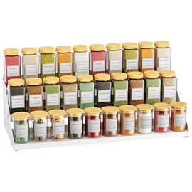 Spice Rack with 3 Levels, Kitchen Shelf Organiser, Spice Organiser, Expandable Metal Cabinet Organiser Kitchen from 34 cm to 55 cm, for Worktop, Kitchen, Dining Room, White