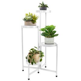 HOEGMST 4 Tier Plant Stand Indoor Outdoor, 31 Inch Tall Metal Plant Shelf Waterproof, Plant Holder with Folding Design For Home, Living Room, White