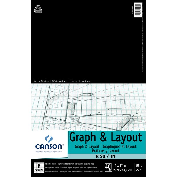 Canson Foundation Series Graph and Layout Paper Pad with Non Reproducible Blue Grid, 20 Pound, 8 by 8 Grid on 11 x 17 Inch Paper, 40 Sheets