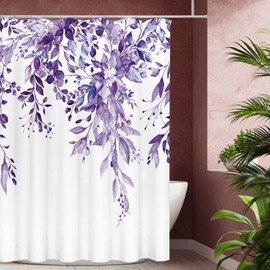 Tititex Purple Leaves Faux Linen Textured Shower Curtain, Watercolor Eucalyptus On The Top Plant Bathroom Decoration Shower Curtain Sets 72x72 Inch with Hooks