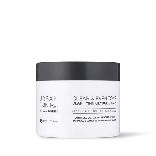 Clear & Even Tone Clarifying Glycolic Pads | Urban Skin Rx® | Powerful Formula Targets Blemishes, Removes Excess Oil and Evens Skin Tone, Formulated with Glycolic, Salicylic and Lactic Acids | 60 Pads