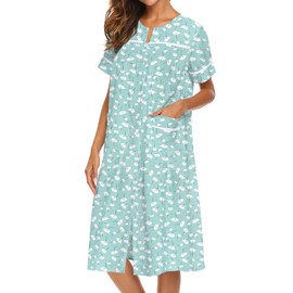 Ekouaer House Dress for Women with Pockets Button Down Duster Housecoat Short Sleeve Patio Dress Nightgown, Green Flower, X-Large