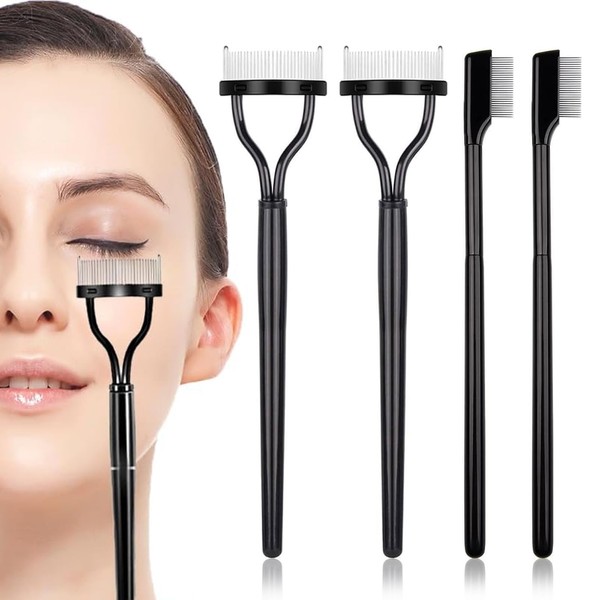 4 Pcs Eyelash Comb, Eyelash Separator, with Comb Cover Lash Separator and Eyebrow Brush, Straight Handle Arc Type Lash Comb Cosmetic Brushes Tool for Women's Makeup Use