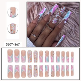 Press on Coffin Nails Long Length Glossy Full Cover Acrylic Extra Long Square False Nails with Designs Artificial Ballerina Square Fake Nails with Charm Glue ons Nails Fingernails for Women(SGCY267)