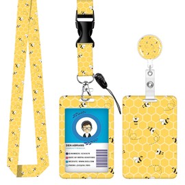 ID Badge Holder with Retractable Lanyard and Keychain, Badge Reel with Rotate Carabiner Clip,Beige Flower Card Name Tag Lanyard ID Protector Bage Clips for Student, Women, Office (Cute Bee)