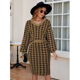 Pink Queen Women's 2 Piece Outfit Dressy Long Sleeve Top Bodycon Skirt Sets Knit Houndstooth Midi Sweater Dress Brown M