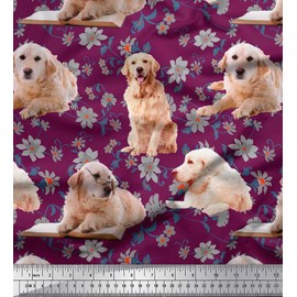 Soimoi Pink Cotton Voile Fabric Floral,Book & Golden Retriever Dog Printed Craft Fabric BTY 56 Inch Wide