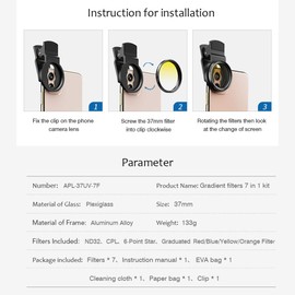 APL-37UV-7G Professional 7in1 Phone Graduated Lens Filter Kit 37mm Grad Red Blue Yellow Orange Filters+CPL ND Star Filters Compatible with Most Smartphones and Camera Lenses BBZY