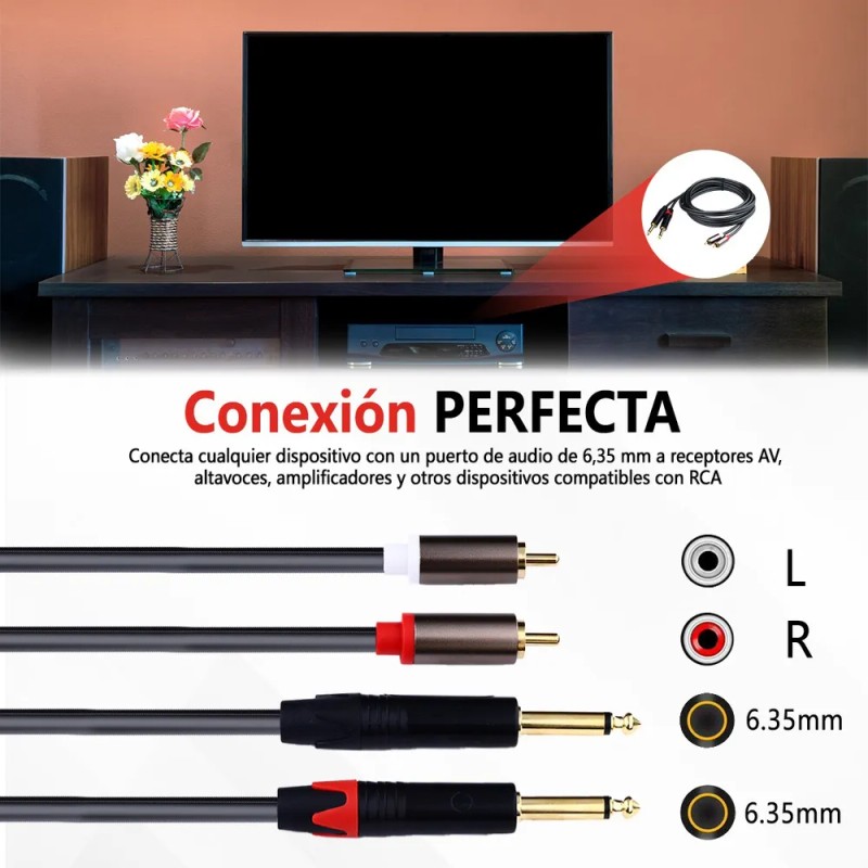 Cable Audio Dual Rca A Plug Ts 6.35mm Longitud 3mts