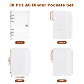 Prebarfun Pack of 30 A6 Photocard Binder Kpop, 6 Holes Binder Pockets, Transparent PVC Binder, Photocard Sleeves with 1 Piece A6 6 Ring Soft Notebook Binder for Credit Card Photos Cash Folder Sleeves