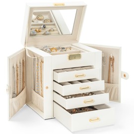 AKOZLIN 5-Tier Jewelry Box Leather Jewelry Storage Organizer with 4 Drawers Lockable for Women Girls Ring Necklace Earring Bracelet Watches Holder with Mirror White