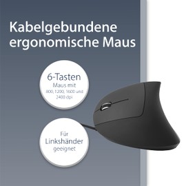 MediaRange ergonomische 6-Tasten Maus mit optischem Sensor für Linkshänder, kabelgebunden, schwarz