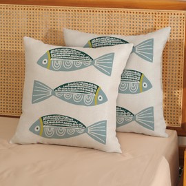 AGAYNA Coastal Pillow Covers 18x18 Blue Fish Summer Outdoor Throw Pillows for Couch Nautical Beach Ocean Pillowcase Farmhouse Decorative Cushion Case for Sofa Bed Decoration Set of 2