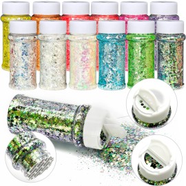 2oz Bottle Color Spring Craft Holographic Neon Block Mixed Chunky Glitter Powder for Gift Christmas Decoration 24 Colors Per Setcolor: Set 21 12 mix colors/Sparkly Glitter