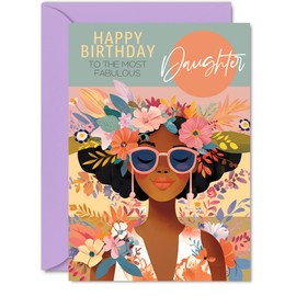 Giftzie Daughter Birthday Card – Fabulous Floral Afro Queen Design – Tropical Flowers – Stylish Colorful Greeting for Daughter – A5 Size with Envelope – Modern Card for Her