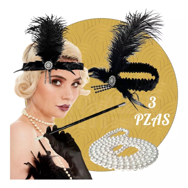 Grupo Carnavallia Kit Charleston Accesorios Diadema Pluma Negra Collar Pipa