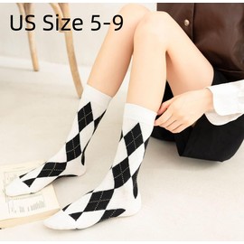 LONGSILVER Argyle Socks Retro High Ankle Women 5 Pairs British Style Cute Plaid Mid-calf Casual Crew Socks (Argyle_5Pcs)